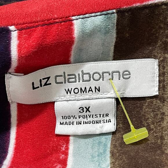 Liz Claiborne Top Shirt Women Plus 3X Red Brown Blue Striped Boxy Colorful - Picture 5 of 5